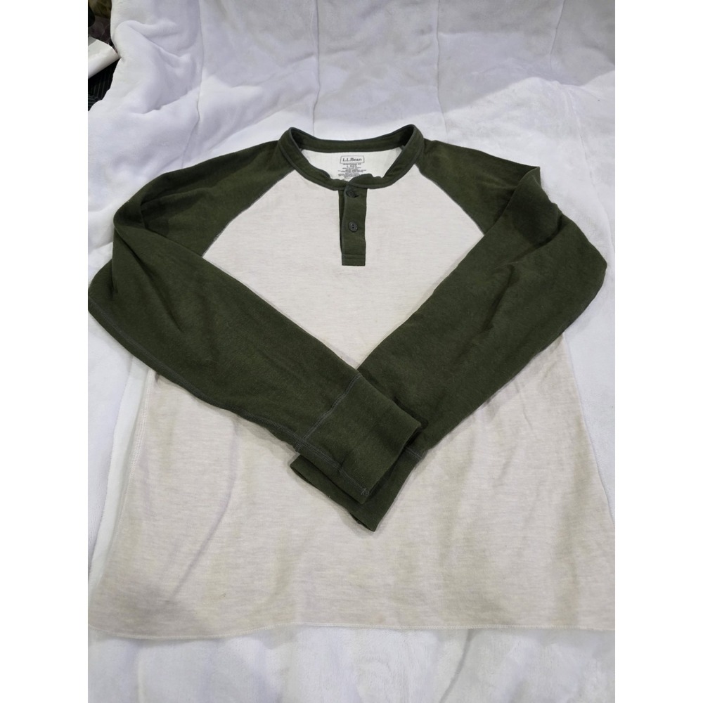 LL Bean Men L Beige Green River Driver Henley Sweater Two Layer 294351 Dis Style